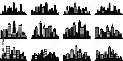 A collection of diverse city skylines in various silhouettes from different viewpoints