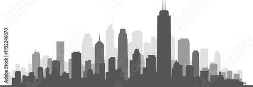 Cityscape silhouette of modern skyscrapers and buildings in urban landscape viewed from a distance