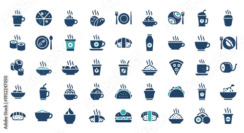 Blue collection of bowls and kitchen icons in a doodle style.