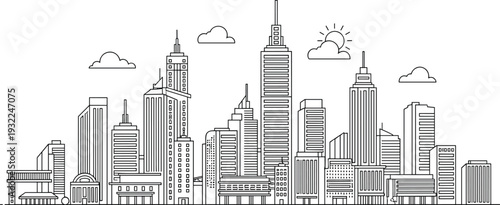 Cityscape illustration of skyscrapers and buildings with clouds and sun in the sky