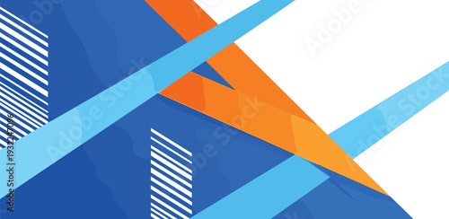 Dynamic abstract composition with geometric shapes and lines in blue and orange hues from a close-up viewpoint