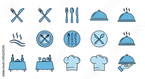 Blue dining and kitchen icon set featuring cutlery plates cloche and chef hat.