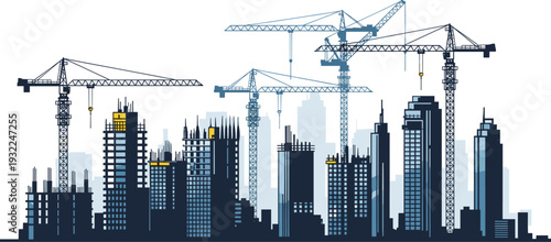 Cityscape under construction with cranes and skyscrapers in various stages of development viewed from a distance