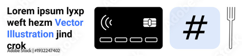 Credit card with wireless payment icon, metadata tag representing social media, and fork for dining context. Ideal for payment, technology, dining, marketing, social media, branding simple landing