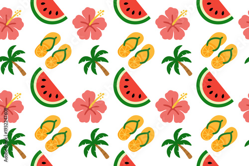 Bright summer vibes pop on white with watermelon slices, hibiscus blooms, palm trees, and flip flops create a tropical, playful pattern perfect for beachy designs.