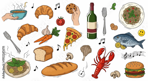 Collage of assorted foods and drinks including bread, pastries, seafood, pizza and wine.