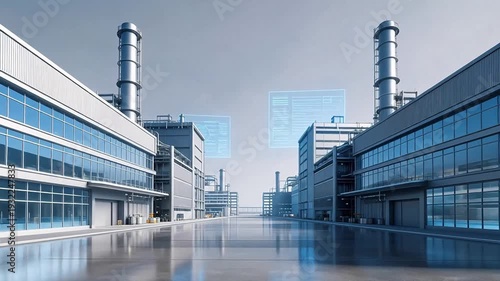 Futuristic smart factory with holographic data displays and AI-powered industrial monitoring – advanced manufacturing and Industry 4.0 concept