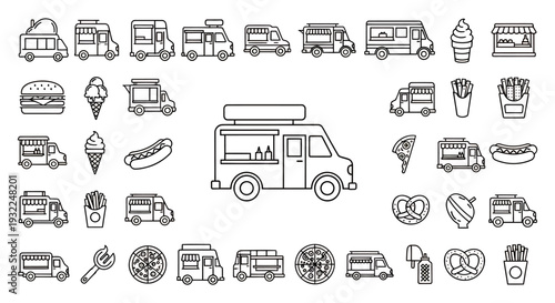 Collection of black and white line icons depicting food trucks, desserts, beverages, and street vendor imagery.