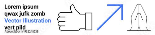 Social media, growth, positivity, gratitude, business success, mindfulness. Thumbs up, a blue arrow pointing upward and prayer hands icons. Positivity and growth concept