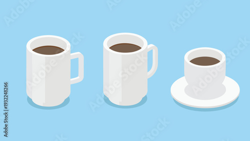 Isometric illustration displaying three white coffee cups in varying perspectives