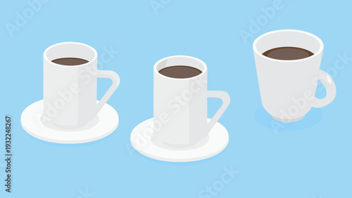 Three white mugs filled with dark coffee are displayed on saucers