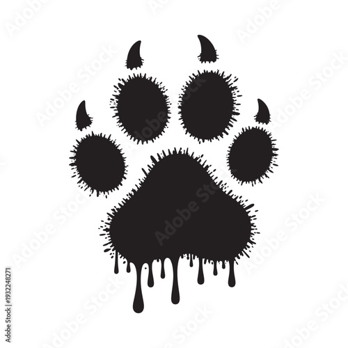 Black ink drawing of a paw print with dripping effect below