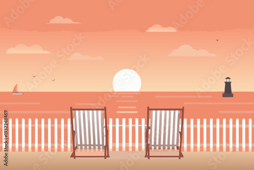 A peaceful beach scene with lounge chairs and a setting sun