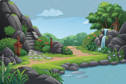 A serene landscape depicting a traditional asian garden with a waterfall