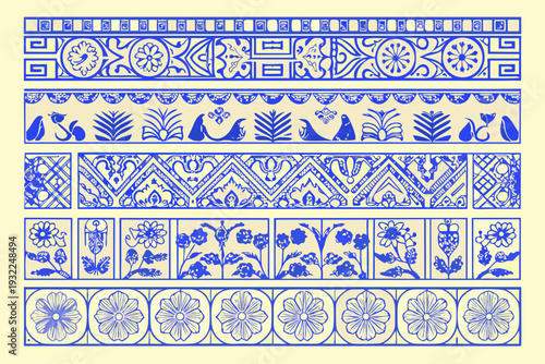 Blue and white porcelain tile patterns displayed in horizontal rows