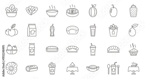 Collection of hand-drawn food and beverage icons featuring fruits, breads, desserts and drinks in a cohesive sketch style.
