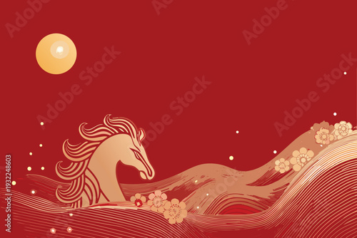 Golden horse and floral waves against a vibrant red background