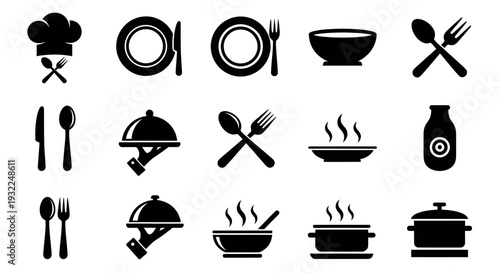Collection of monochrome dining and kitchen utensil icons for graphic resources.