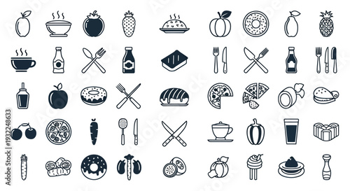 Collection of assorted food and kitchen icons in a monochrome style for culinary themes.