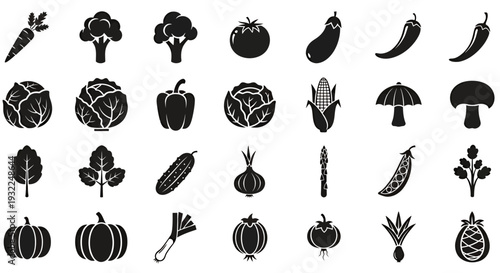Collection of black silhouette icons depicting various vegetables and leafy plants.