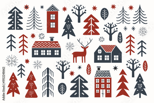 Festive winter scene featuring stylized trees houses and reindeer