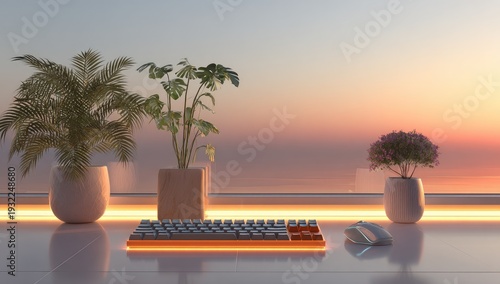 Sunrise workspace with plants and tech
