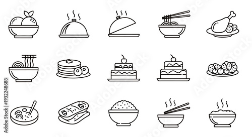 Collection of simple line icons depicting a variety of desserts and pastries on plates.