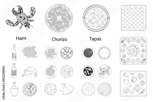 A collection of sketched food items including seafood meats and various plates