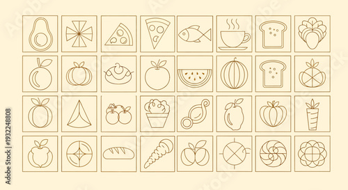 Collection of assorted food and dining icons in grid tiles.