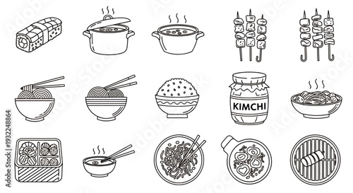 Collection of assorted Asian dishes and bowls illustrated in black line art style.