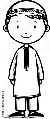 Smiling boy wearing traditional Muslim clothing and kufi cap