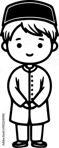 Smiling boy wearing traditional Muslim clothing and kufi cap