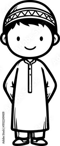 Smiling boy wearing traditional Muslim clothing and kufi cap