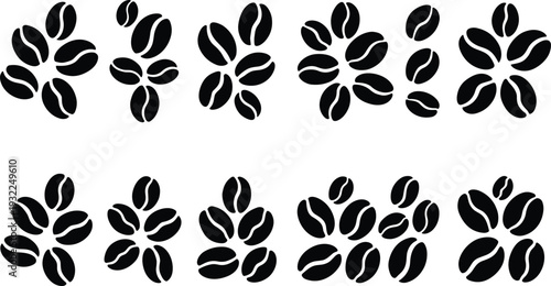 Large Collection of Black Coffee Bean Silhouettes in Various Clusters and Patterns Isolated on White Background for Cafe Branding Menu Design and Coffee Shop Marketing