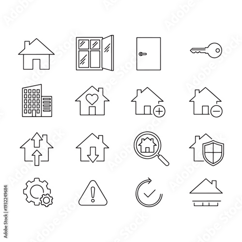 Real Estate Line Icon Set with House, Key, Door, Window and Property Management Symbols