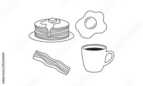 Hand Drawn Breakfast Set Pancakes Fried Egg Bacon and Coffee Line Art Illustration