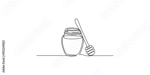 Single continuous line drawing of a small honey jar and a wooden dipper on a clean white background.