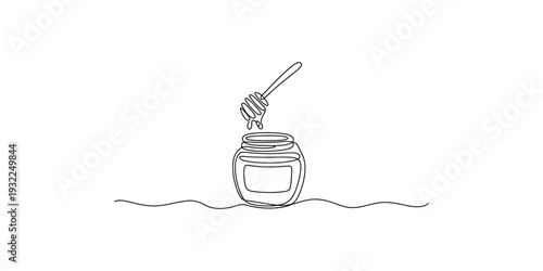 A simple line art illustration of a honey jar with a dipper dripping honey into it