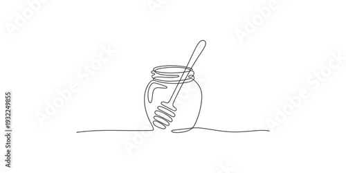 A simple continuous line art drawing of a honey jar with a dipper on a white background