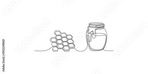 A simple continuous line art illustration showing a honeycomb next to a jar of honey