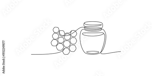 Continuous single line drawing illustrating a glass jar filled with honey next to a honeycomb