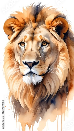 A majestic lion illustrated in soft watercolor tones with detailed mane and expressive eyes