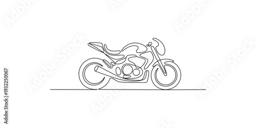 Minimalist continuous line drawing of a vintage cafe racer style motorcycle on a simple white background