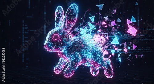 A futuristic neon rabbit made of glowing pink and blue lines and triangles in a dark digital space