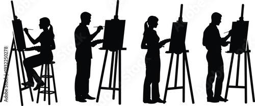 Artists painting on easels silhouette set featuring male and female painters in creative poses isolated on white background, black vector illustration collection
