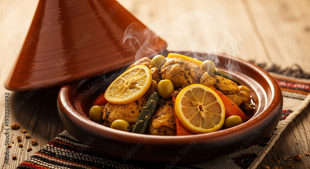 Fototapeta premium Steaming Traditional Moroccan Chicken Tagine with Lemon and Olives on Rustic Wooden Table