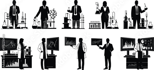 WebBlack silhouette collection of scientists, laboratory researchers, and medical doctors working with chemical equipment, data charts, and clinical analysis tools isolated on white background.