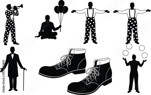 Black silhouette set of male hikers and travelers with backpacks and trekking poles celebrating success and pointing direction isolated on white background for adventure.