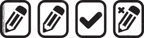 Four black and white of pencils and a checkmark