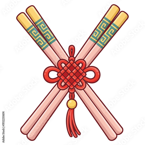 Cartoon illustration of two pairs of pink and gold chopsticks crossed with a red Chinese knot and tassel.